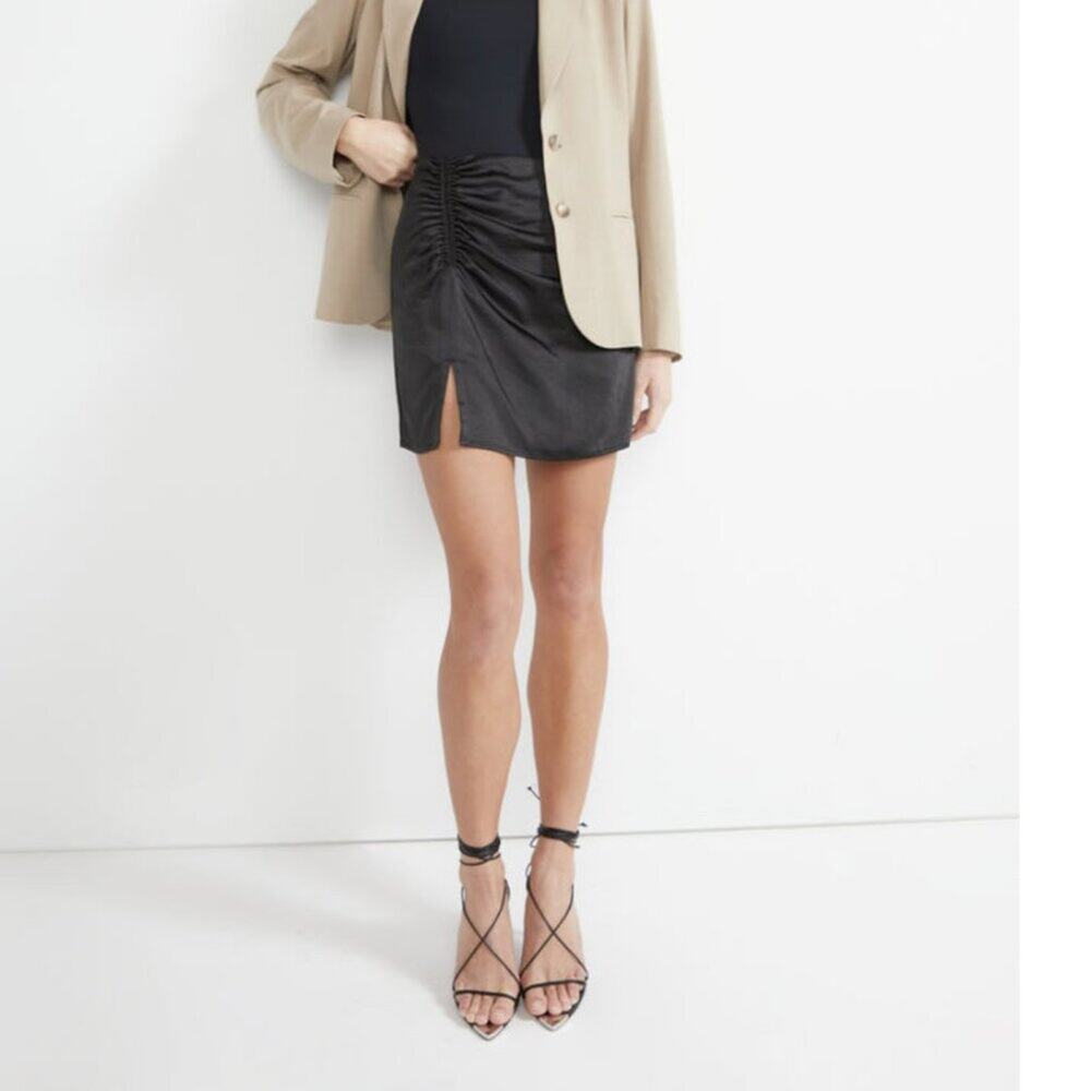 Oak + Fort Black Satin Gathered Mini Skirt